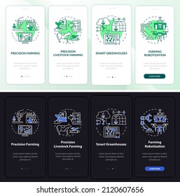 Digital agriculture night and day mode onboarding mobile app screen. Walkthrough 4 steps graphic instructions pages with linear concepts. UI, UX, GUI template. Myriad Pro-Bold, Regular fonts used