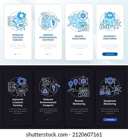 Digital agriculture pros night and day mode onboarding mobile app screen. Walkthrough 4 steps graphic instructions pages with linear concepts. UI, UX, GUI template. Myriad Pro-Bold, Regular fonts used