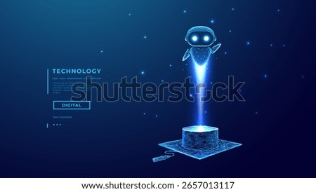 Digital AI Assistant Flies Over Graduation Cap. AI Assistant or Chatbot. Online Innovation Education Concept. Knowledge Technology Blue Background for presentation and web design. Vector Illustration.