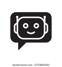 Digital AI assistant icon with robot face and speech bubble clean minimal style on white background.