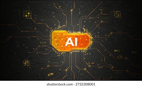 chip de IA digital brilhando intensamente no centro de uma placa de circuito complexa, representando inovação de inteligência artificial.