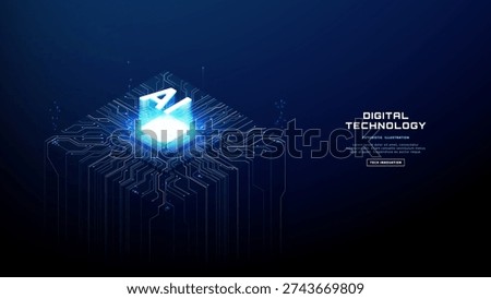 Digital AI chip with neon light trails on electronic board. Isometric 3D semiconductor, cyber technology background, innovation and smart computing theme. Vector illustration