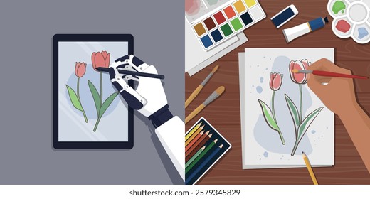 Digital AI generated art and traditional creative art: robot drawing a digital image and artist painting with watercolors