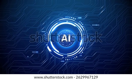 Digital AI quantum chip in a circle light neon HUD frame on circuit board tech background. Futuristic AI semiconductor concept. Abstract artificial intelligence processor with lightning elements. 