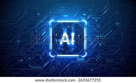 Digital AI quantum chip in a square light neon HUD frame on circuit board tech background. Futuristic AI semiconductor concept. Abstract artificial intelligence processor with lightning elements. 