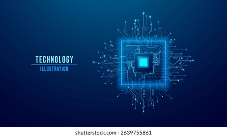 Digital AI semiconductor with light blue tech components and circuit board. Artificial Intelligence innovation concept. Abstract machine learning chip with wires and electronics elements. Vector chip