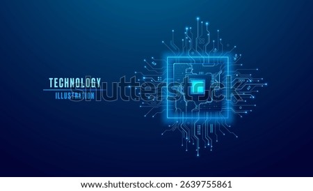 Digital AI semiconductor with light blue tech components and circuit board. Artificial Intelligence innovation concept. Abstract machine learning chip with wires and electronics elements. Vector chip