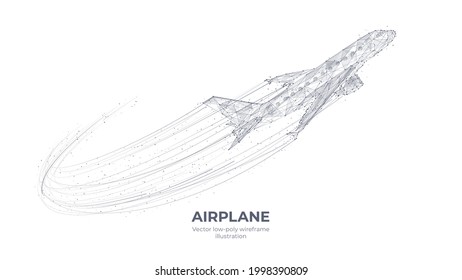 Digital Airplane Flying Up Isolated In White. Aviation, Air Transport Concept. Abstract Sketch Drawing Of Aircraft Taking Off, Condensation Trail. Low Poly Mesh Wireframe With Connected Dots And Lines