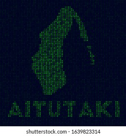 Digital Aitutaki logo. Island symbol in hacker style. Binary code map of Aitutaki with island name. Authentic vector illustration.