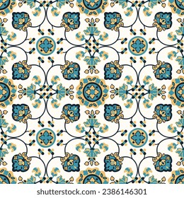 Digital Ajrakh seamless pattern block print floral batik vector