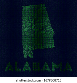 Digital Alabama Logo. US-Staatssymbol im Hackerstil. Binärkode Karte von Alabama mit US-Staatsnamen. Erstaunliche Vektorillustration.