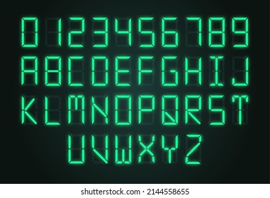 Digital alarm alphabet. Electronics watches letters, clock numbers and alphabet. Scoreboard, calculator typography font sign, led display exact vector text