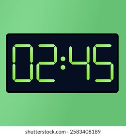 digital alarm clock. Black smartwatch interface displaying 02:45 vector on a green background. digital alarm clock