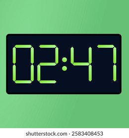 digital alarm clock. Black smartwatch interface displaying 02:47 vector on a green background. digital alarm clock