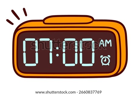 Digital alarm clock cartoon drawing. LED display showing 7 am. Cute hand drawn doodle, vector clip art illustration.