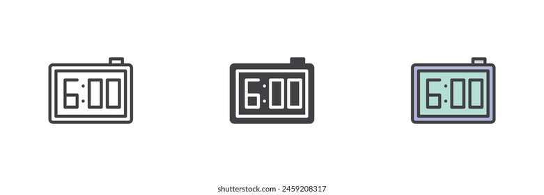 Digital alarm clock different style icon set. Line, glyph and filled outline colorful version, outline and filled vector sign. Electronic watch with 6 pm reminder symbol, logo illustration.