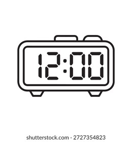 Reloj despertador digital que muestra la ilustración gráfica minimalista moderna de 12 00 tiempos con líneas simples y segmentos audaces Fondo blanco limpio que simboliza los horarios de gestión de tiempo y la puntualidad