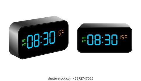 reloj de alarma digital con dígitos electrónicos que muestra la hora de la temperatura del minuto am pm. ilustración vectorial aislada en fondo blanco