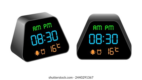 Digitaler Wecker mit elektronischen Ziffern, der die Stunde-Minute-Temperatur am PM anzeigt. Vektor-Illustration isoliert auf weißem Hintergrund.