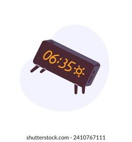 Digital alarm clock, electronic time counter. Horizontal display with hours, minute numbers. Daily regime, everyday routine technology sticker. Flat isolated vector illustration on white background