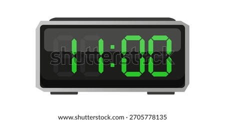 Digital alarm clock. Eleven hours time. Time 11 00. Green numbers vector.