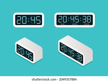 Digital alarm clock Front and Isometric view. Vector illustration