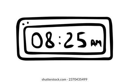 Digital alarm clock. Hand drawn doodle vector illustration isolated on white background. Time to know, electronic display icon or symbol.