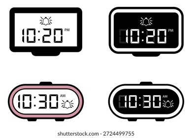 Digital Alarm Clock Icon Set com tela de LCD e símbolo de campainha.