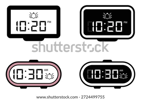 Digital Alarm Clock Icon Set with LCD Display and Bell Symbol.