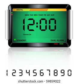 Digital alarm clock isolated on white with reflection and spare digital numbers. Raster also available.