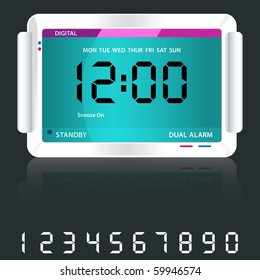 Digital alarm clock isolated on dark grey with reflection and spare digital numbers. Raster also available.