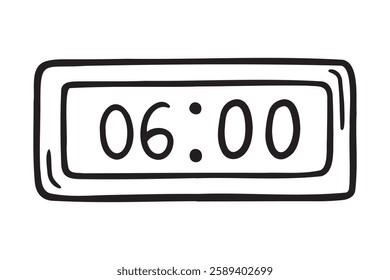 digital alarm clock. Morning time doodle hand drawn icon. Outline drawing digital alarm clock line clipart symbol. Vector illustration