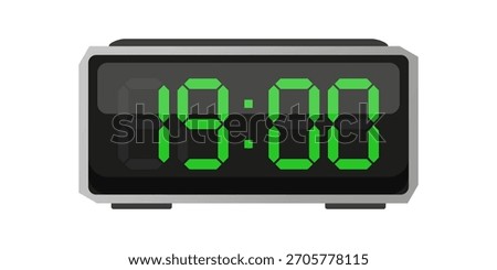 Digital alarm clock. Nineteen hours time. Time 19 00. Green numbers vector. Electronic LED display.