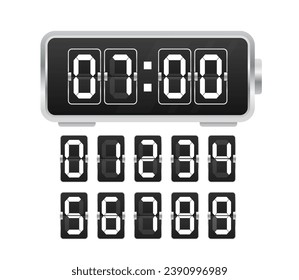 Digital alarm clock. Digital clock number set. Flat electron watch screen modern black alarm time display, timer bar font with hours, minutes and seconds. Countdown timer. Vector illustration