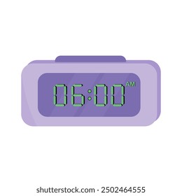 Reloj despertador digital. Temporizador de dispositivo púrpura, símbolo de recordatorio. Ilustración vectorial. Aislado en el fondo blanco