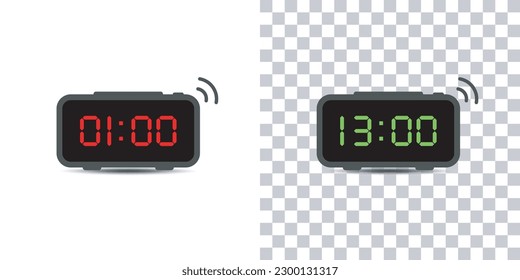 Digital alarm clock.set of red and green led digital clock number isolated on white and transparent background.Vector illustration.