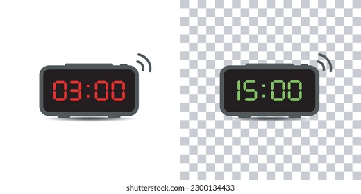 Digital alarm clock.set of red and green led digital clock number isolated on white and transparent background.Vector illustration.