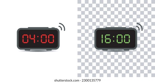 Digital alarm clock.set of red and green led digital clock number isolated on white and transparent background.Vector illustration.