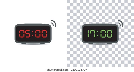 Digital alarm clock.set of red and green led digital clock number isolated on white and transparent background.Vector illustration.