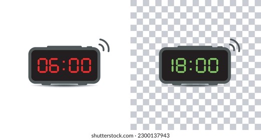 Digital alarm clock.set of red and green led digital clock number isolated on white and transparent background.Vector illustration.
