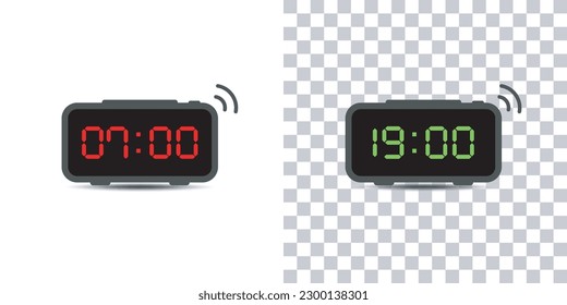 Reloj de alarma digital.conjunto de reloj digital rojo y verde aislado en fondo blanco y transparente.Ilustración vectorial.