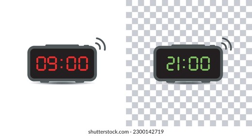 Digital alarm clock.set of red and green led digital clock number isolated on white and transparent background.Vector illustration.