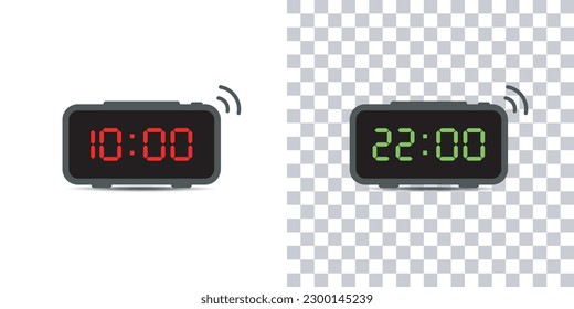 Digital alarm clock.set of red and green led digital clock number isolated on white and transparent background.Vector illustration.