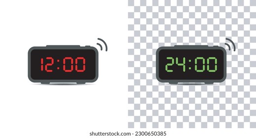 Digital alarm clock.set of red and green led digital clock number isolated on white and transparent background.Vector illustration.