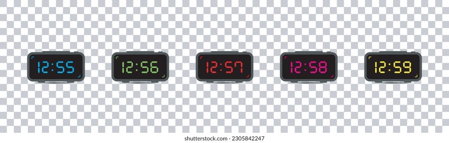 Digital alarm clock.set of red, green and colour led digital clock number isolated on white and transparent background.Vector illustration.