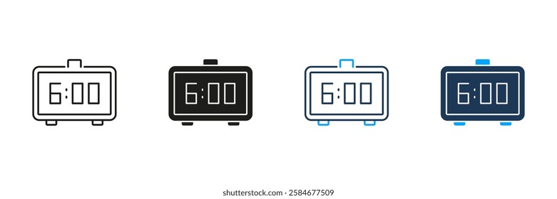 Digital Alarm Clock Showing 6:00 Line and Silhouette Icon Set. Morning Wake Up Time Display Symbol. Editable Stroke. Isolated Vector Illustration.