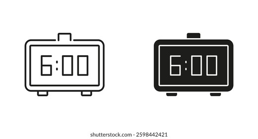 Digital Alarm Clock Showing 6:00 Line and Silhouette Icon Set. Morning Wake Up Time Display Symbol. Editable Stroke. Isolated Vector Illustration.