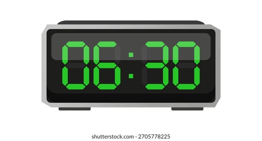 Digital alarm clock. Six thirty displayed. Time 06 30. Green numbers vector. Electronic LED display.