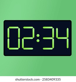 digital alarm clock vector. Black smartwatch interface displaying 02:34 vector on a green background. digital clock