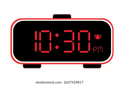 Digital Alarm Clock vector flat illustration of a digital clock displaying 10.30 pm . Illustration of alarm with led numbers digital clock design. Clock icon for hour, watch, alarm signs 10.30 pm